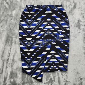 NEW Material Girl Skirt Women XS Blue Black Aztec Chevron Asymmetric Hem Bodycon